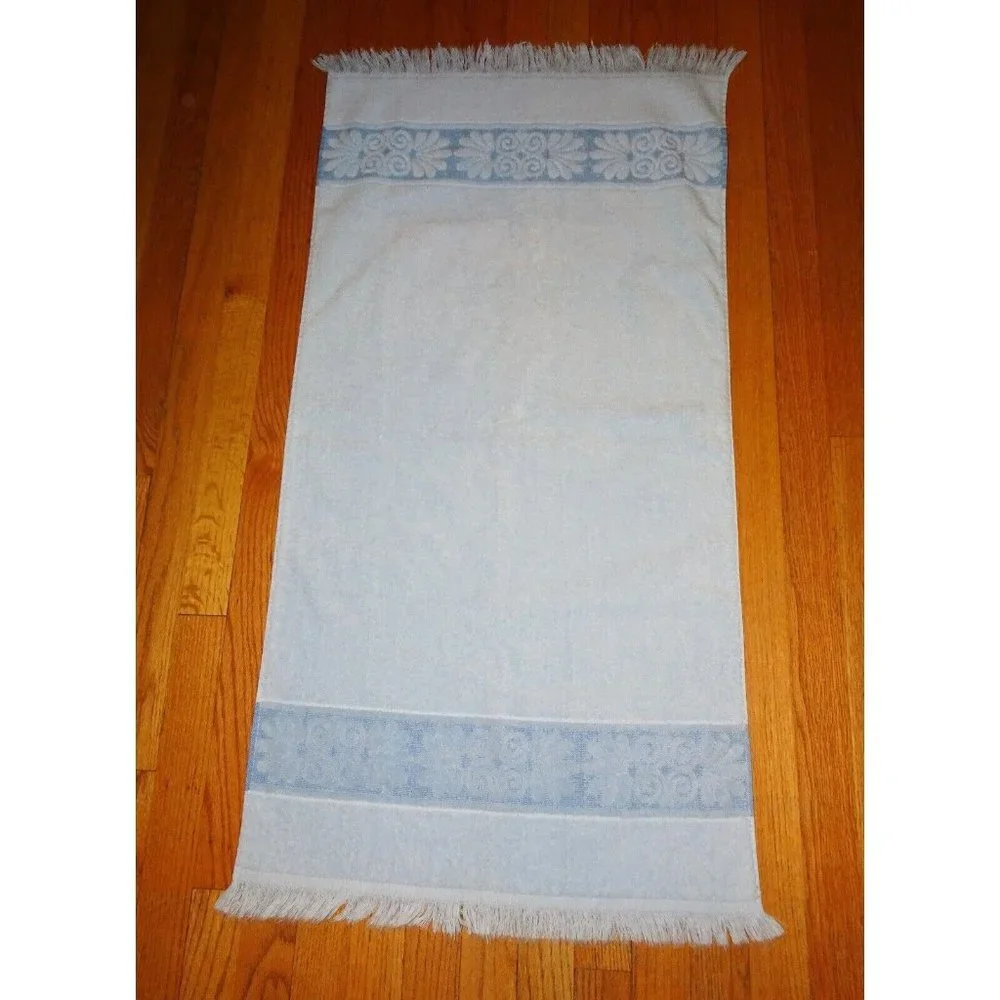 Vintage Light Blue Cannon Bath Towel with Fringe brocade panel 1970's mcm